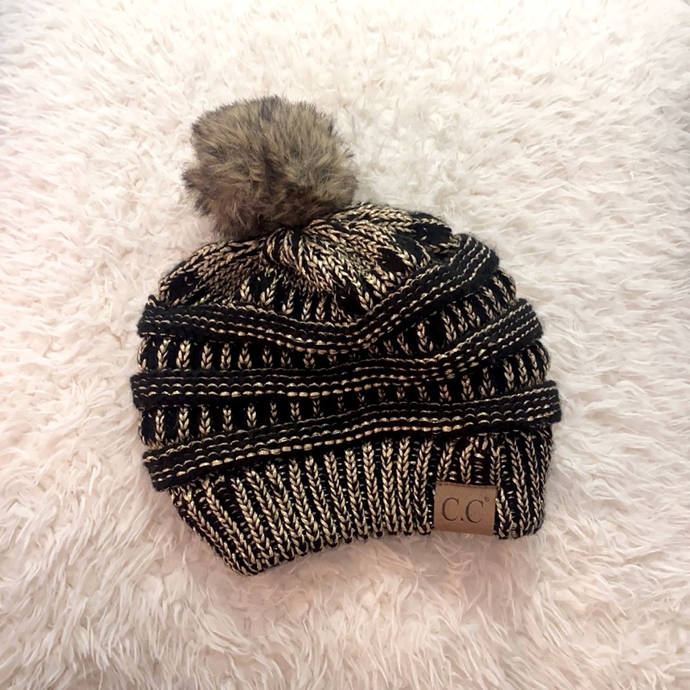 CC beanie, gold and black with Pom Pom